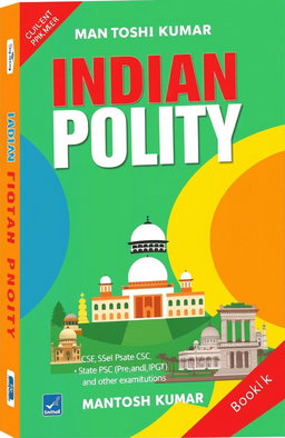 A modern and engaging cover design for the book "Indian Polity by Mantosh Kumar" aimed at competitive exam preparation such as CSE, State PSC (pre and Main), TGT, PGT, CAPF, and other examinations