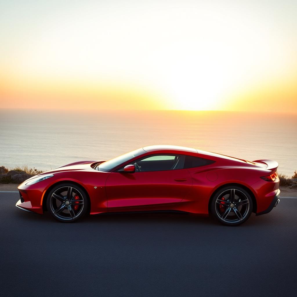 A stunning red sports car with a sleek aerodynamic design, sharp angles, and smooth curves