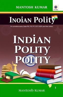 An informative cover design for the book 'Indian Polity' by Mantosh Kumar, intended for competitive exams like CSE, State PSC, TGT, PGT, CAPF, and others