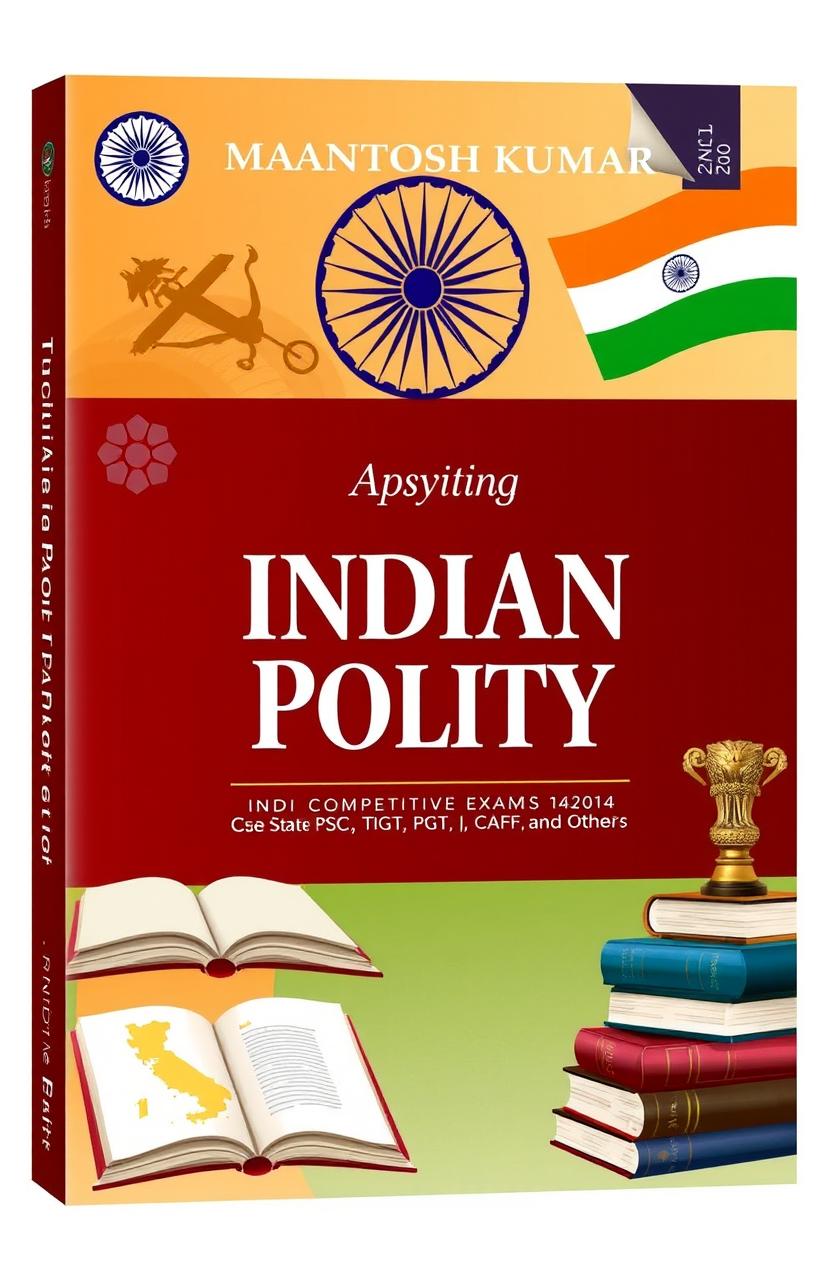 An informative cover design for the book 'Indian Polity' by Mantosh Kumar, intended for competitive exams like CSE, State PSC, TGT, PGT, CAPF, and others