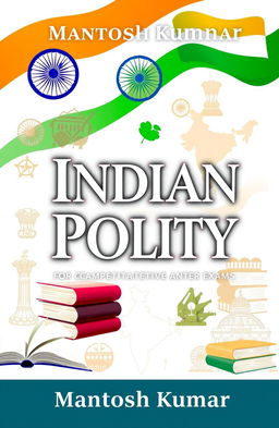 An informative cover design for the book 'Indian Polity' by Mantosh Kumar, intended for competitive exams like CSE, State PSC, TGT, PGT, CAPF, and others