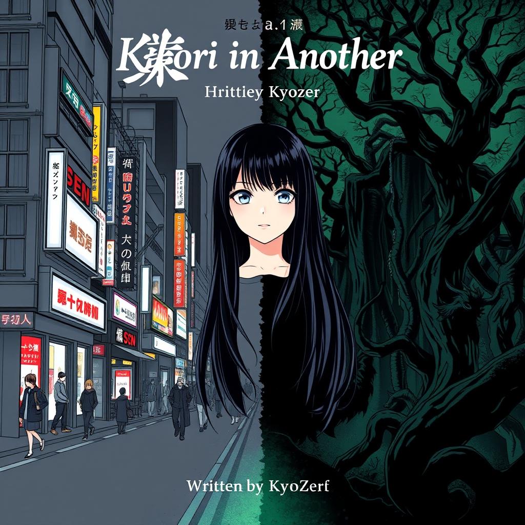A striking light novel cover for 'Kaori In Another World' written by Kyozer, illustrated in a manga style