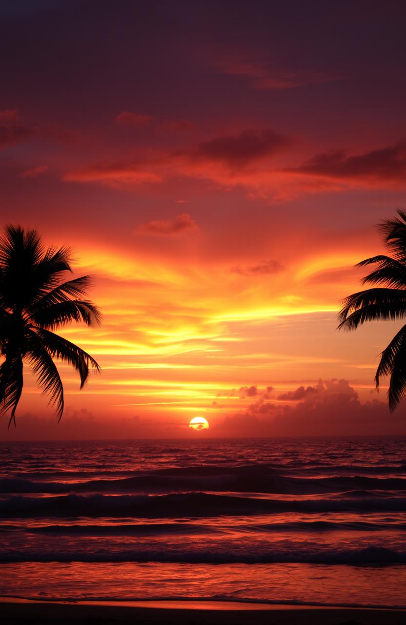 A breathtaking sunset over a tranquil beach, vibrant hues of orange, pink, and purple blending together in the sky, the sun dipping below the horizon with glimmering reflections on the water's surface, gentle waves lapping at the shore, silhouetted palm trees framing the scene, and a few fluffy clouds adding texture to the sky, creating a serene and peaceful atmosphere