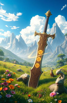 A fantasy scene set in an isekai world, featuring a beautifully detailed sword embedded in the ground