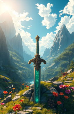 A fantasy scene set in an isekai world, featuring a beautifully detailed sword embedded in the ground