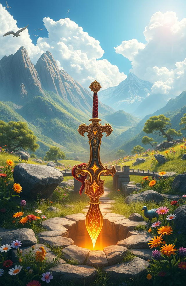 A fantasy scene set in an isekai world, featuring a beautifully detailed sword embedded in the ground