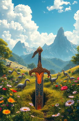 A fantasy scene set in an isekai world, featuring a beautifully detailed sword embedded in the ground