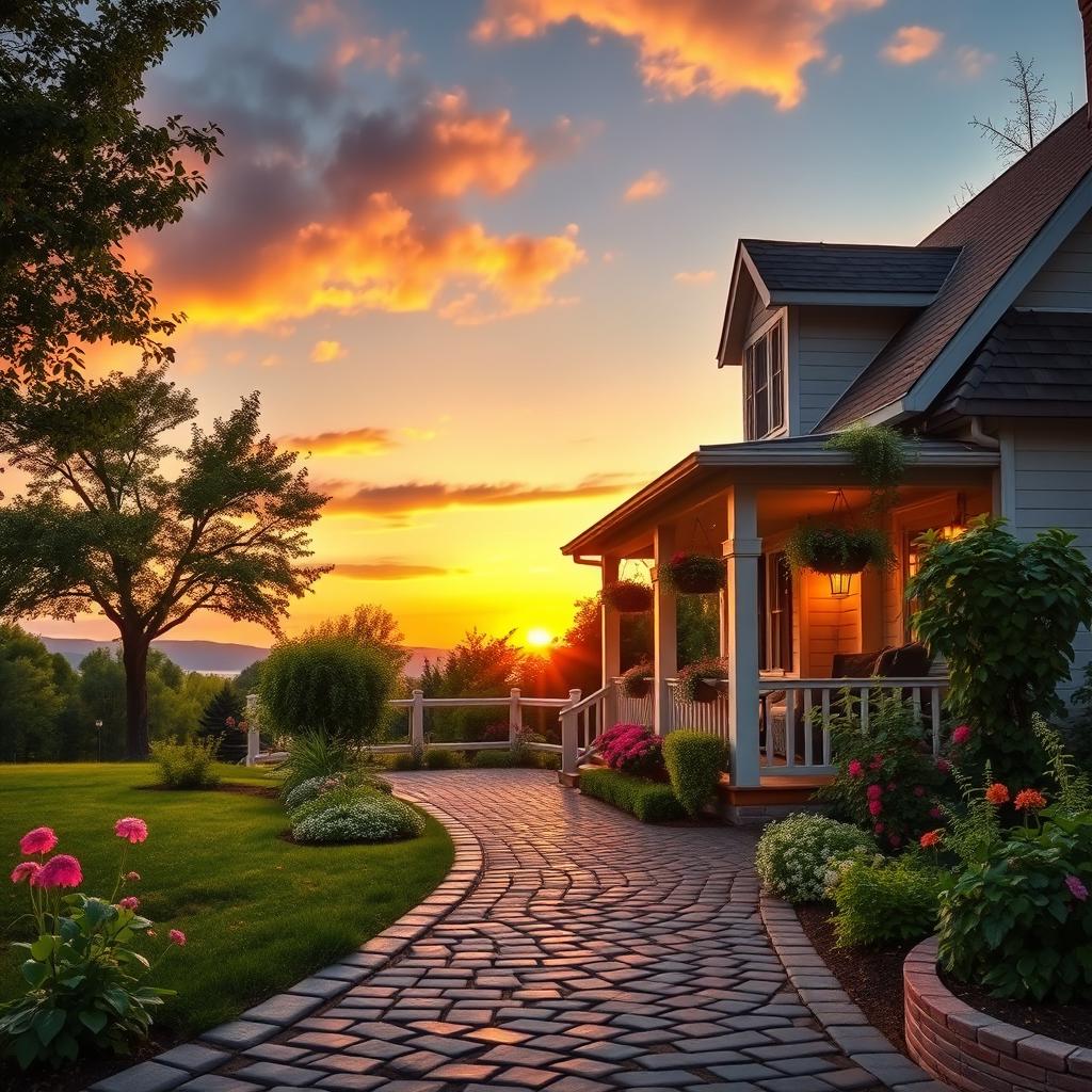 A serene scene depicting dusk in front of a charming house