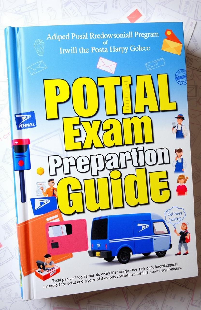 A detailed and informative book cover design for a postal exam preparation guide, featuring vibrant colors and a clean layout