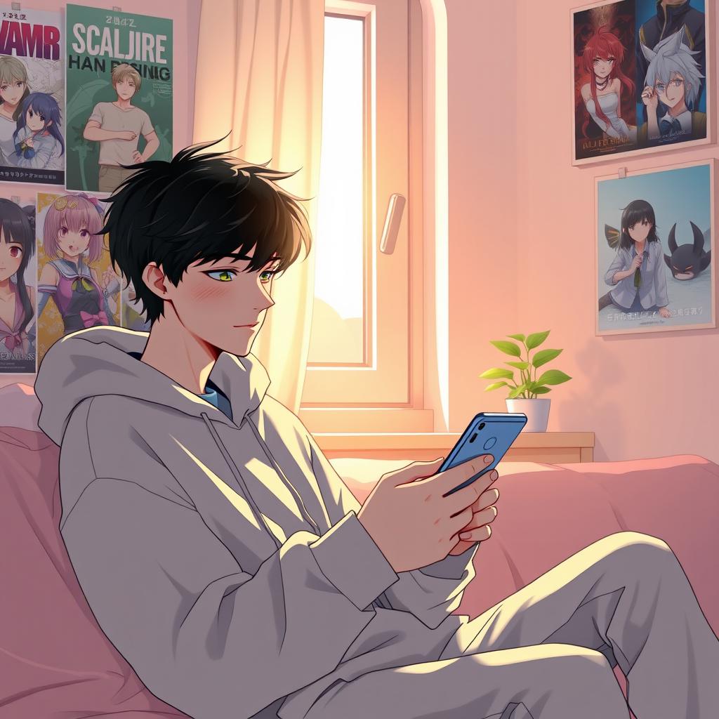 A 17-year-old boy casually looking at his smartphone, sitting in a cozy room surrounded by soft pastel colors