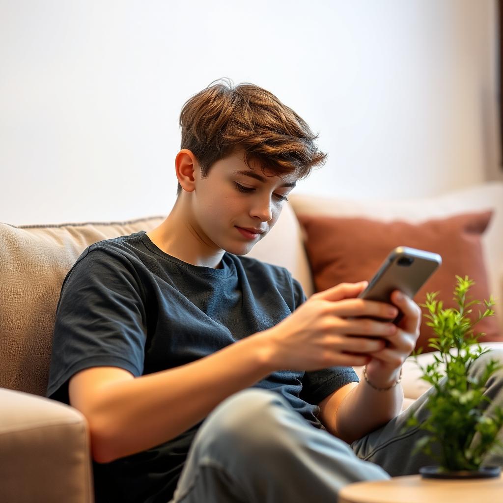 A 17-year-old boy wearing casual clothing, sitting comfortably while looking at his smartphone