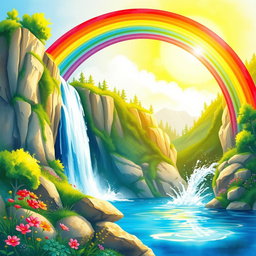 A vibrant and colorful watercolor scene featuring a majestic waterfall cascading down rocky cliffs, with a brilliant rainbow arching gracefully overhead