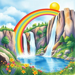 A vibrant and colorful watercolor scene featuring a majestic waterfall cascading down rocky cliffs, with a brilliant rainbow arching gracefully overhead