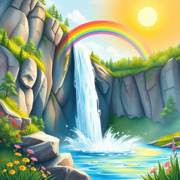 A vibrant and colorful watercolor scene featuring a majestic waterfall cascading down rocky cliffs, with a brilliant rainbow arching gracefully overhead