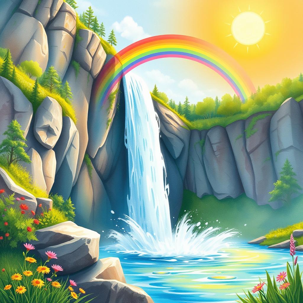 A vibrant and colorful watercolor scene featuring a majestic waterfall cascading down rocky cliffs, with a brilliant rainbow arching gracefully overhead
