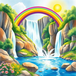 A vibrant and colorful watercolor scene featuring a majestic waterfall cascading down rocky cliffs, with a brilliant rainbow arching gracefully overhead