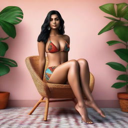 A highly realistic, top-quality digital art piece showcasing a poised Indian woman in a trendy bikini, seated on a chair with her legs confidently apart