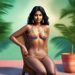 A highly realistic, top-quality digital art piece showcasing a poised Indian woman in a trendy bikini, seated on a chair with her legs confidently apart