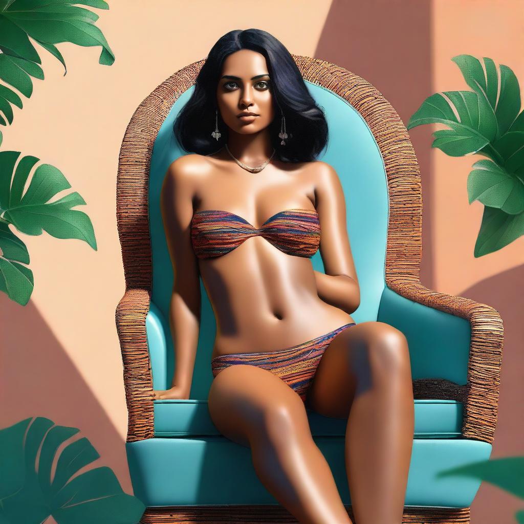 A highly realistic, top-quality digital art piece showcasing a poised Indian woman in a trendy bikini, seated on a chair with her legs confidently apart