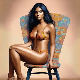 A highly realistic, top-quality digital art piece showcasing a poised Indian woman in a trendy bikini, seated on a chair with her legs confidently apart