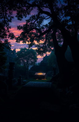 A mysterious and atmospheric scene depicting an ancient burial site, half-covered in shadows and overgrown with lush greenery