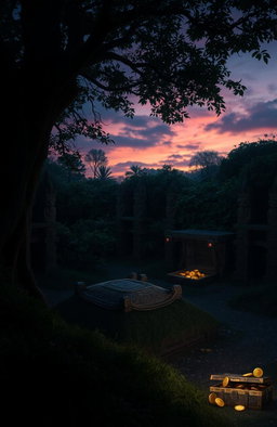 A mysterious and atmospheric scene depicting an ancient burial site, half-covered in shadows and overgrown with lush greenery