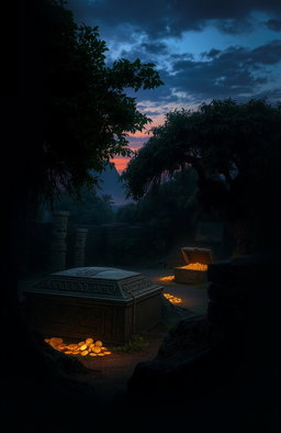 A mysterious and atmospheric scene depicting an ancient burial site, half-covered in shadows and overgrown with lush greenery