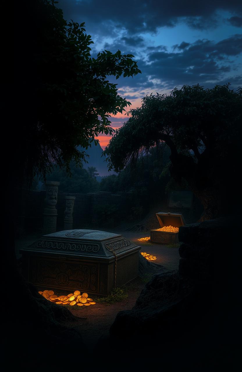 A mysterious and atmospheric scene depicting an ancient burial site, half-covered in shadows and overgrown with lush greenery
