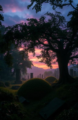 A mysterious and atmospheric scene depicting an ancient burial site, half-covered in shadows and overgrown with lush greenery