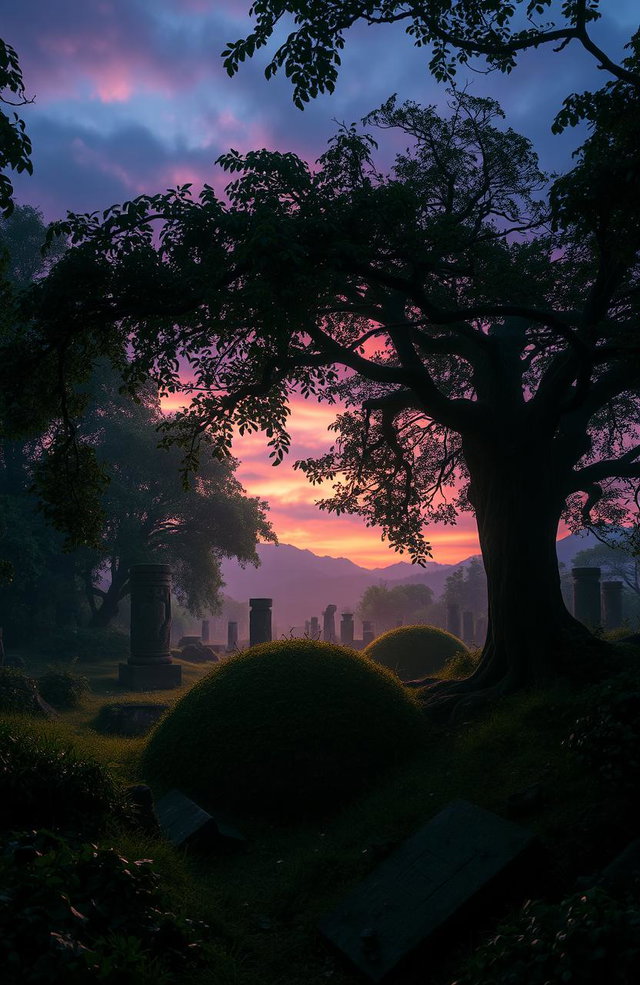 A mysterious and atmospheric scene depicting an ancient burial site, half-covered in shadows and overgrown with lush greenery