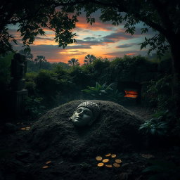 A mysterious and atmospheric scene depicting an ancient burial site, shrouded in shadows and overgrown with lush greenery