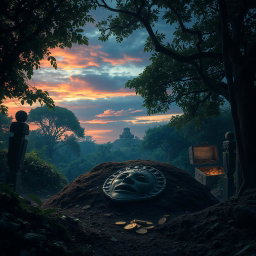 A mysterious and atmospheric scene depicting an ancient burial site, shrouded in shadows and overgrown with lush greenery
