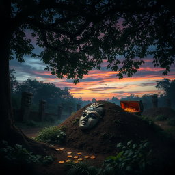 A mysterious and atmospheric scene depicting an ancient burial site, shrouded in shadows and overgrown with lush greenery