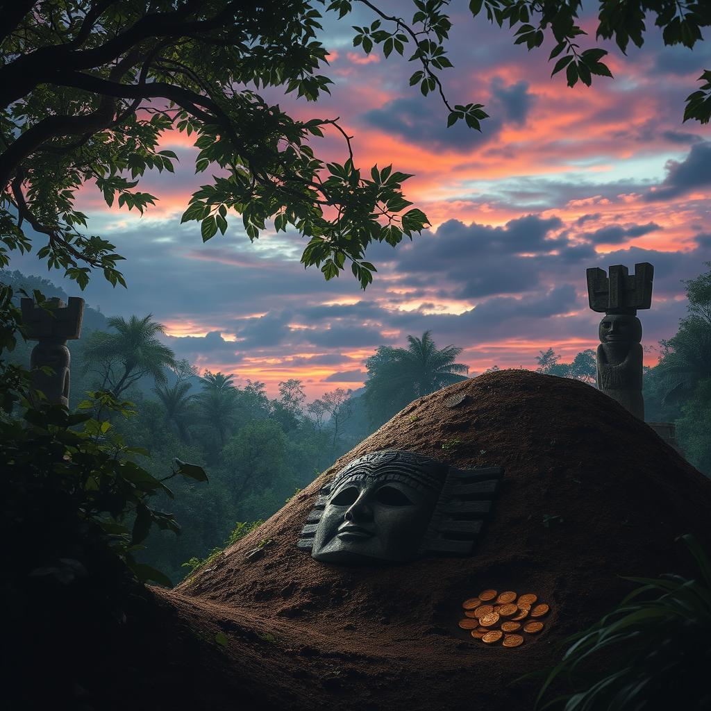 A mysterious and atmospheric scene depicting an ancient burial site, shrouded in shadows and overgrown with lush greenery
