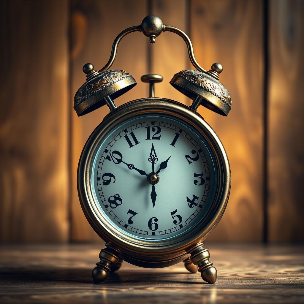 A meticulously detailed vintage alarm clock, showcasing ornate engravings and a classic bell design on top, set against a softly lit, rustic wooden background