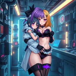 A sexy and cute gothic anime-inspired cyberpunk ripper doc character, hugging a cute, shy, flustered anime girl in a maid outfit within a gothic futuristic lab