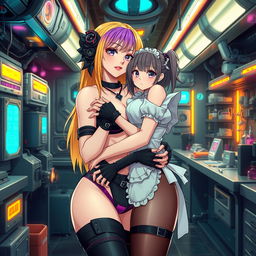 A sexy and cute gothic anime-inspired cyberpunk ripper doc character, hugging a cute, shy, flustered anime girl in a maid outfit within a gothic futuristic lab