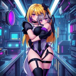 A sexy and cute gothic anime-inspired cyberpunk ripper doc character, hugging a cute, shy, flustered anime girl in a maid outfit within a gothic futuristic lab