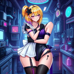 A sexy and cute gothic anime-inspired cyberpunk ripper doc character, hugging a cute, shy, flustered anime girl in a maid outfit within a gothic futuristic lab
