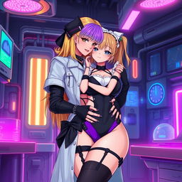 A sexy and cute gothic anime-inspired cyberpunk ripper doc character, hugging a cute, shy, flustered anime girl in a maid outfit within a gothic futuristic lab