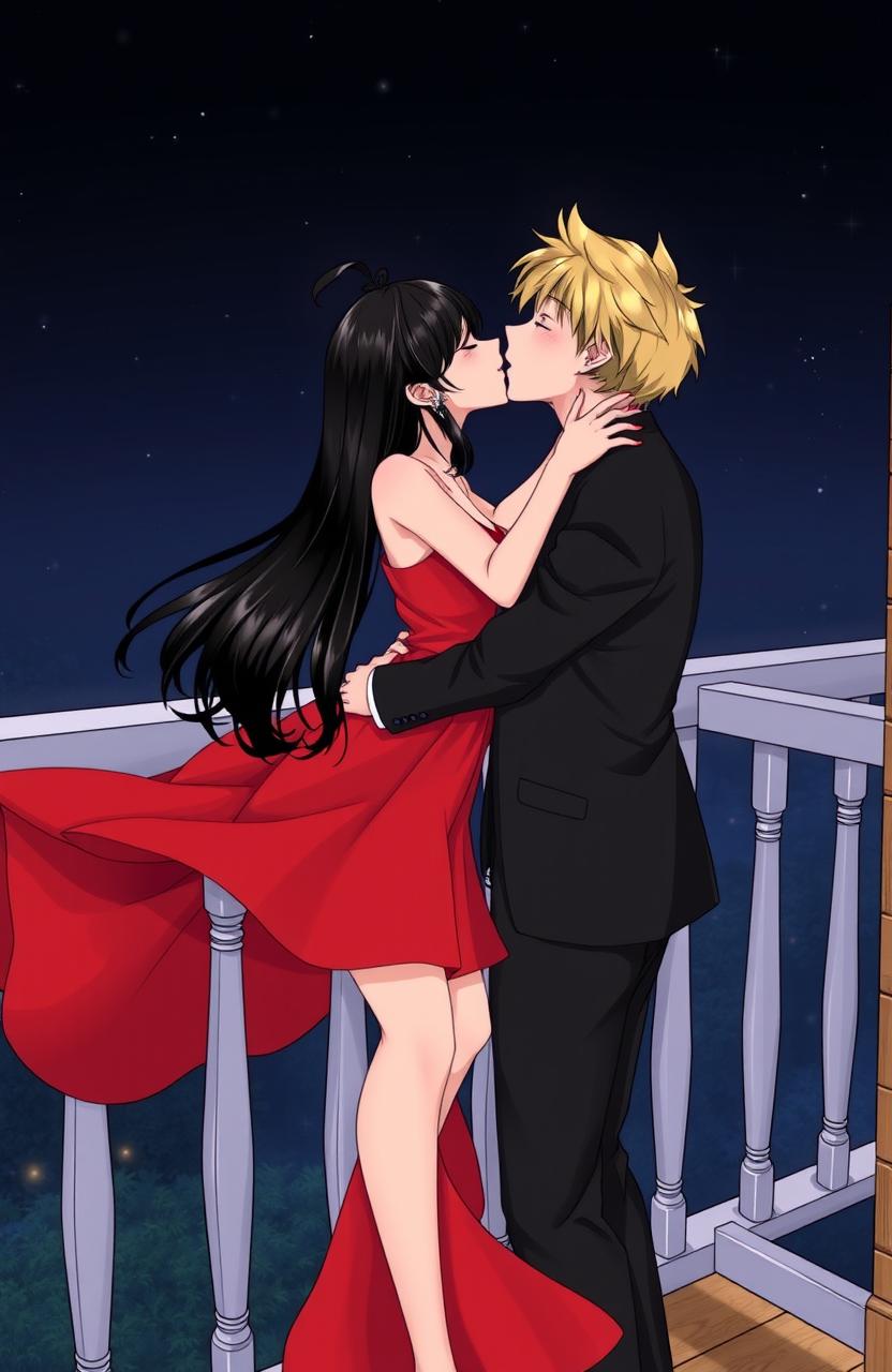 A romantic scene on a balcony featuring a girl with shiny black hair wearing a flowing red dress, playfully pinned against the railing