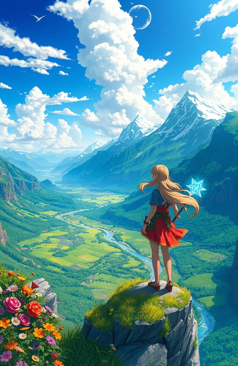 An enchanting scene from an Isekai fantasy world, showcasing a breathtaking view from a high vantage point