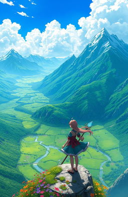 An enchanting scene from an Isekai fantasy world, showcasing a breathtaking view from a high vantage point