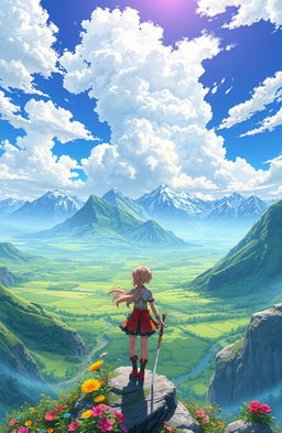 An enchanting scene from an Isekai fantasy world, showcasing a breathtaking view from a high vantage point