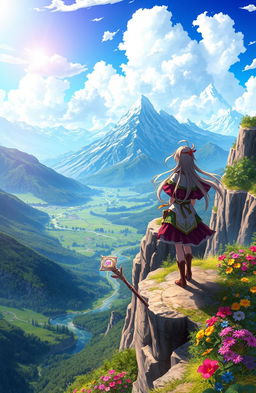An enchanting scene from an Isekai fantasy world, showcasing a breathtaking view from a high vantage point