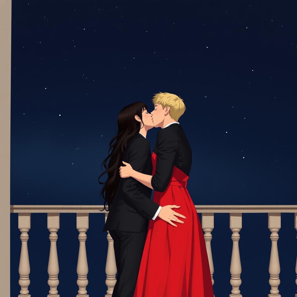 A romantic scene on a balcony featuring a girl with long black hair wearing a stunning red dress, gently pinned against the elegant railing