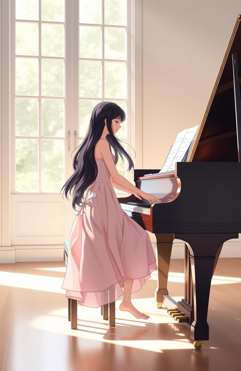 A girl with long, flowing black hair playing a grand piano in a softly lit room