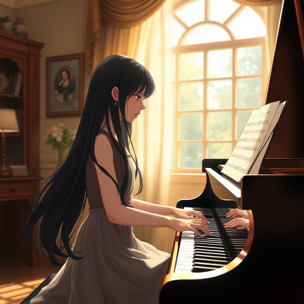 A realistic depiction of a girl with long, silky black hair playing a grand piano in a beautifully designed room