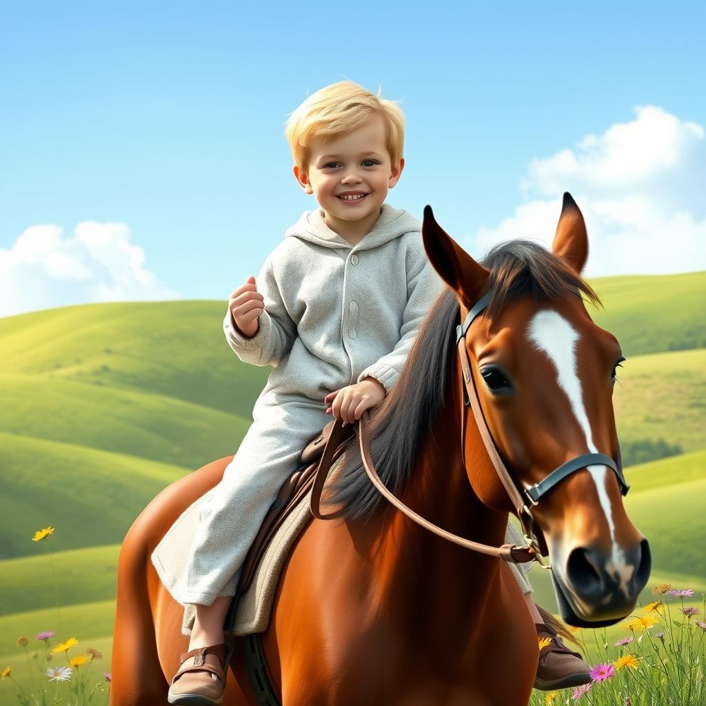 A young blonde boy wearing a cozy night suit, happily riding a beautiful brown horse