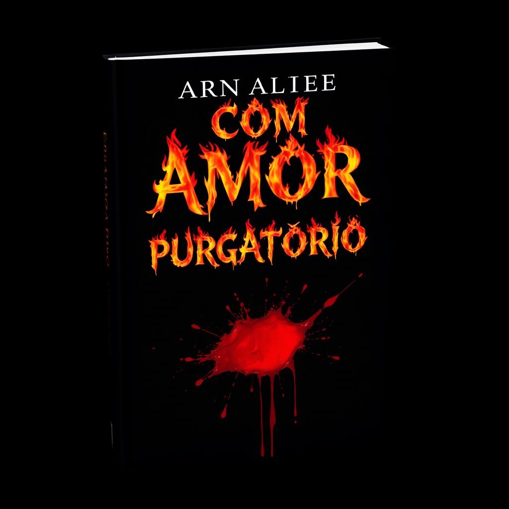 A striking black book cover featuring the title 'Com Amor Purgatório' in vivid, flaming letters at the center